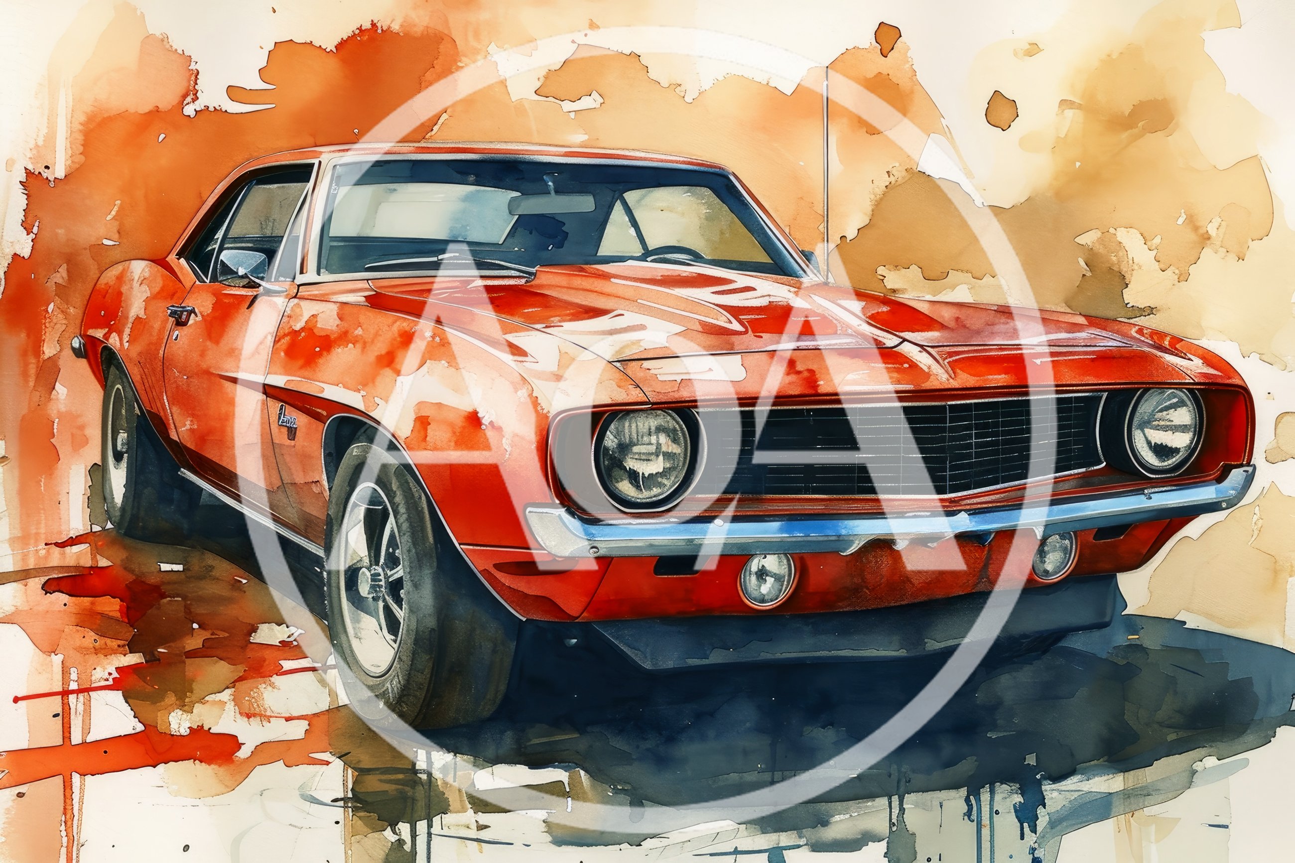Watercolor Painting Of A Classic Red Muscle Car