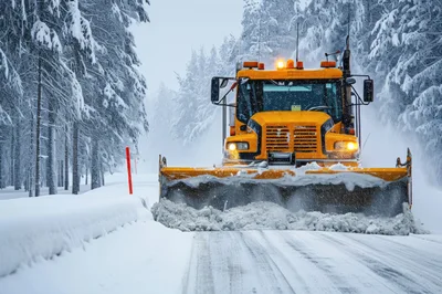 Yellow Snowplow Clearing Snowy Road In Winter