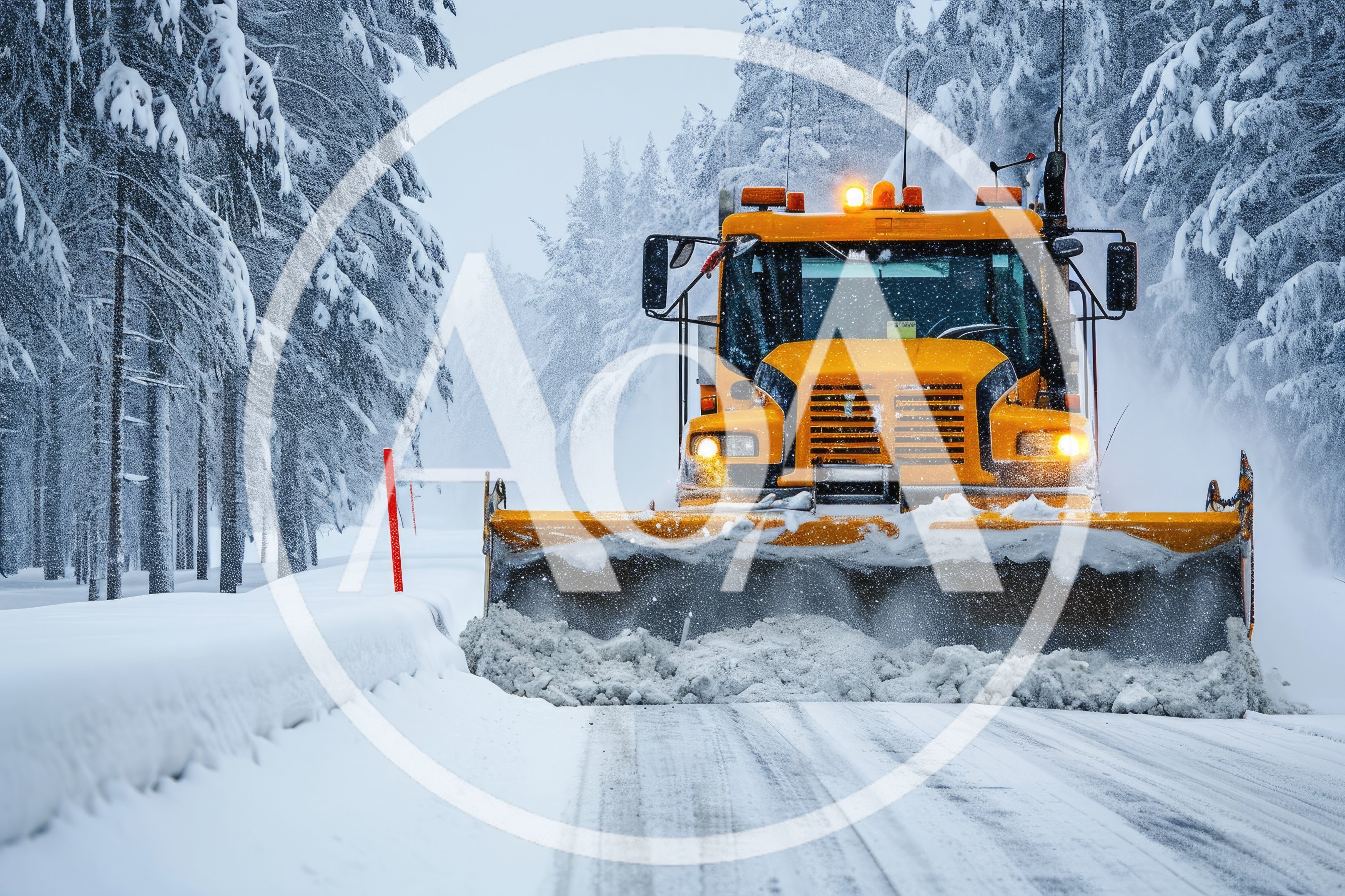 Yellow Snowplow Clearing Snowy Road In Winter