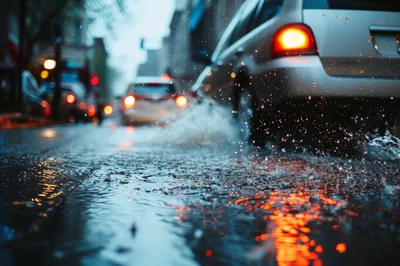 Car Driving Through Deep Puddle On Rainy City Street
