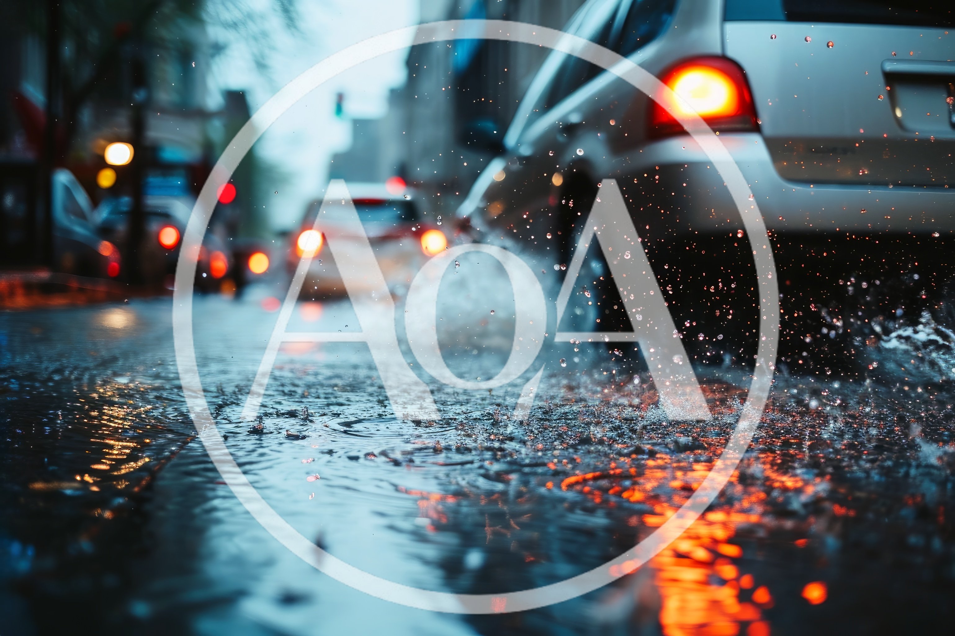 Car Driving Through Deep Puddle On Rainy City Street