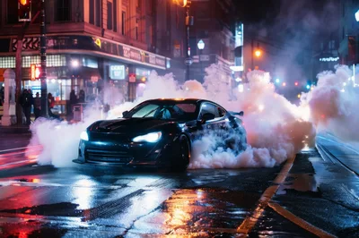 Black Sports Car Drifting on City Street at Night