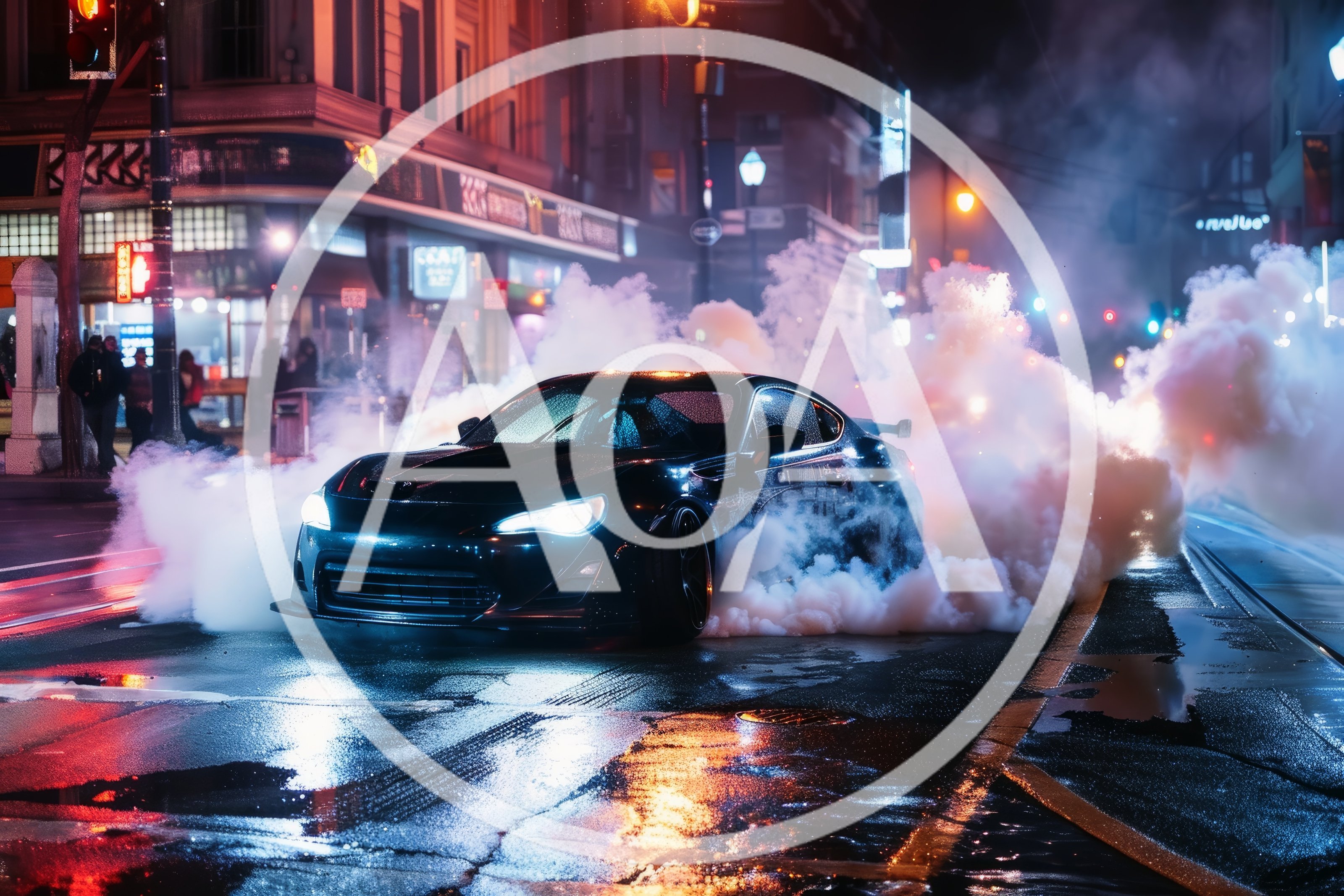 Black Sports Car Drifting on City Street at Night