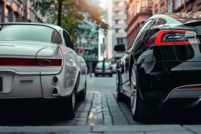 Classic And Modern Cars Parked On City Street