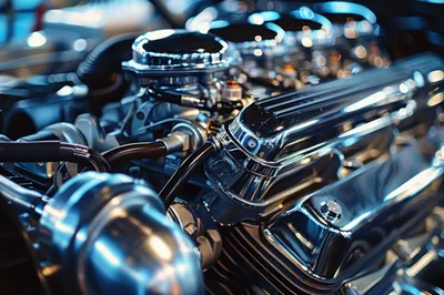 Close Up Of A Polished Chrome V8 Engine