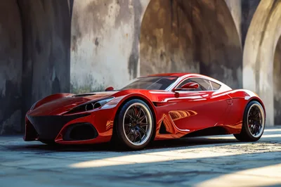 Red Sports Car Parked Under Stone Arches