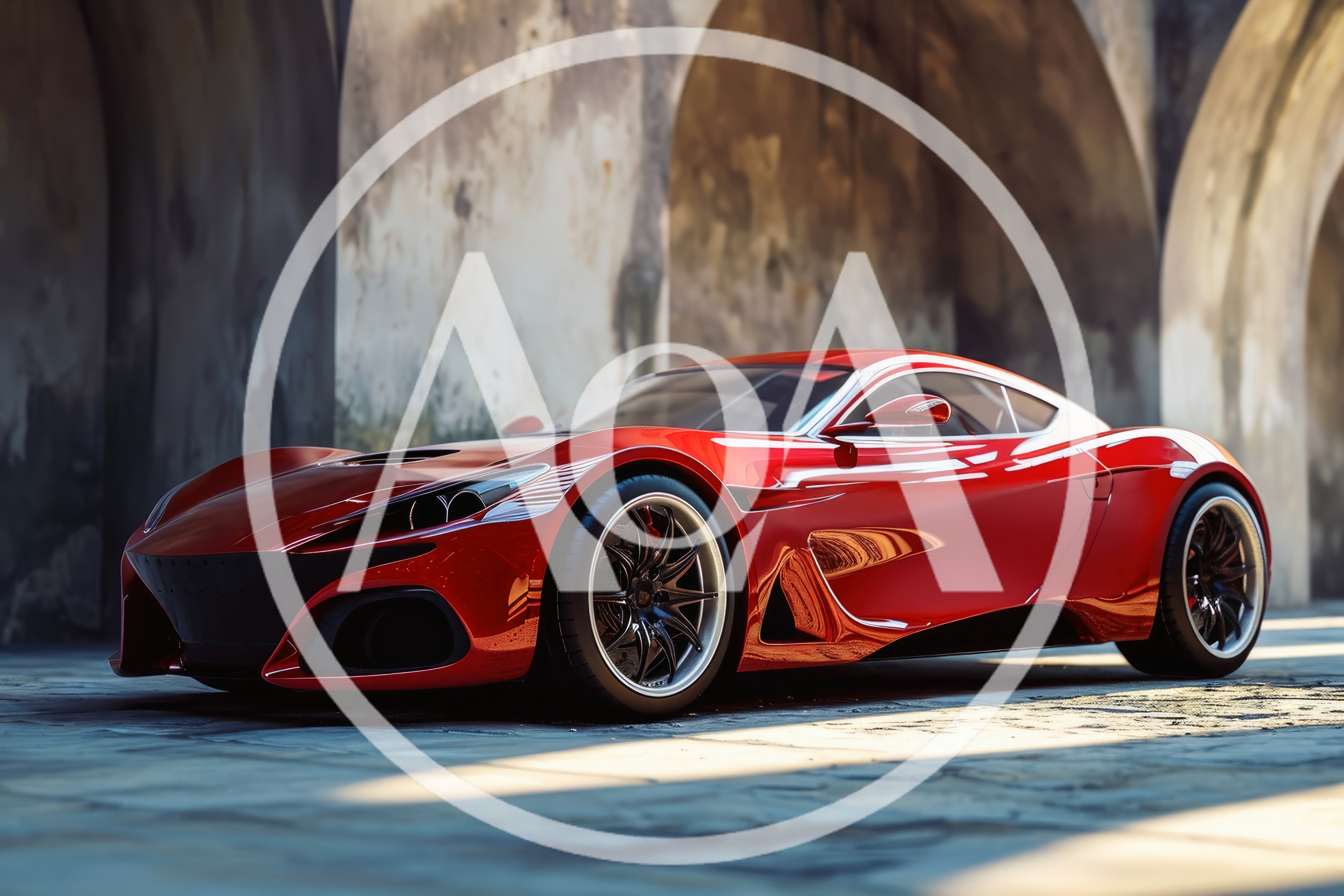 Red Sports Car Parked Under Stone Arches