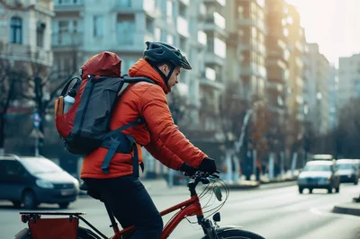 Delivery Cyclist Riding Through City Street