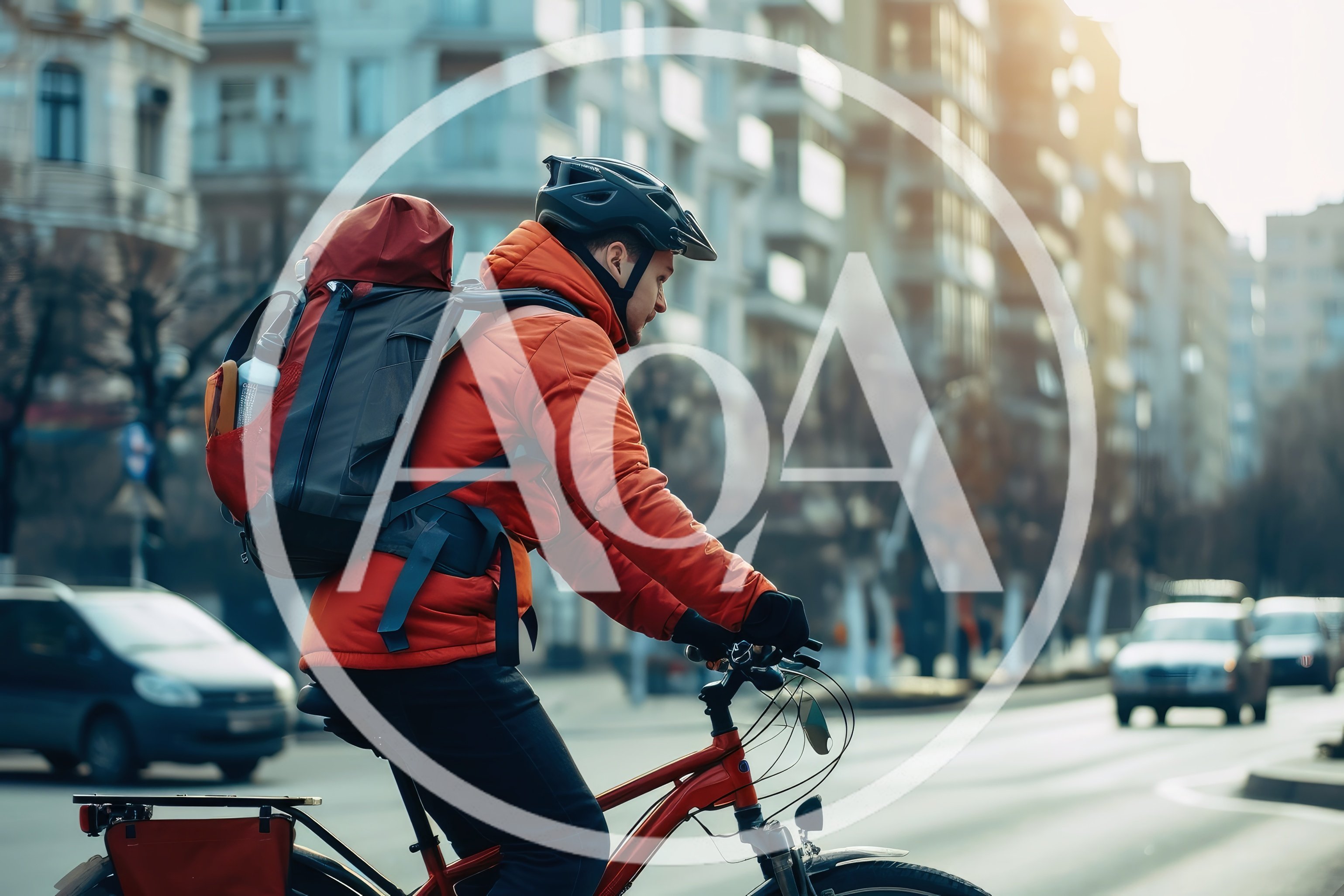 Delivery Cyclist Riding Through City Street