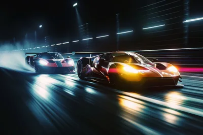 Two Supercars Racing Through A Night Tunnel