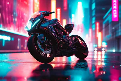 Futuristic Sportbike Parked On Neon Lit City Street