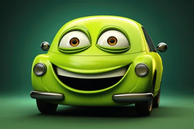 Cartoon Lime Green Car Character With Big Eyes
