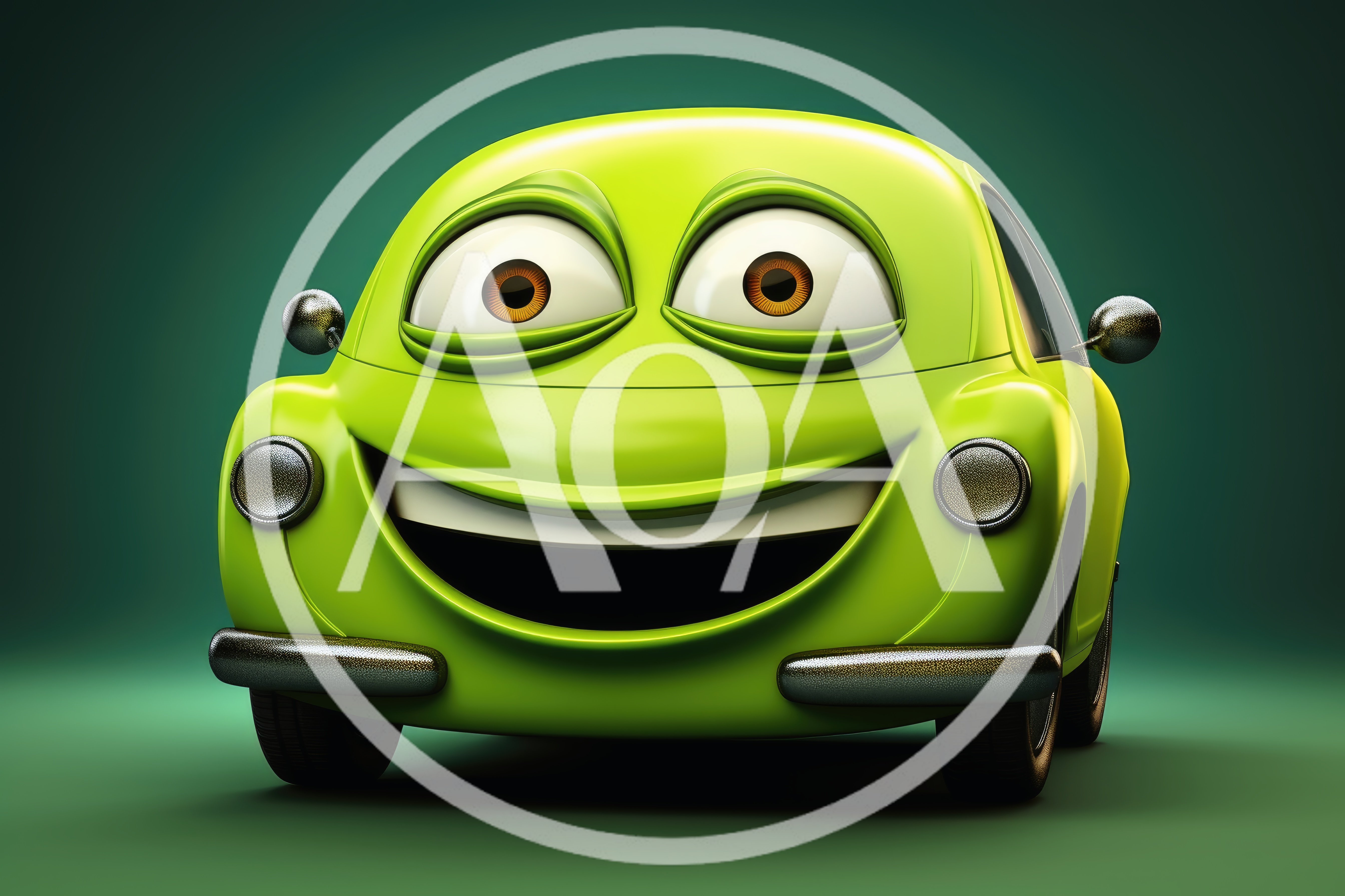 Cartoon Lime Green Car Character With Big Eyes