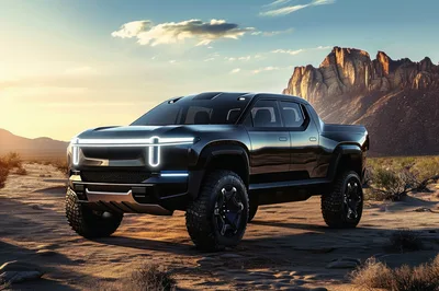 Black Electric Pickup Truck In Desert Landscape