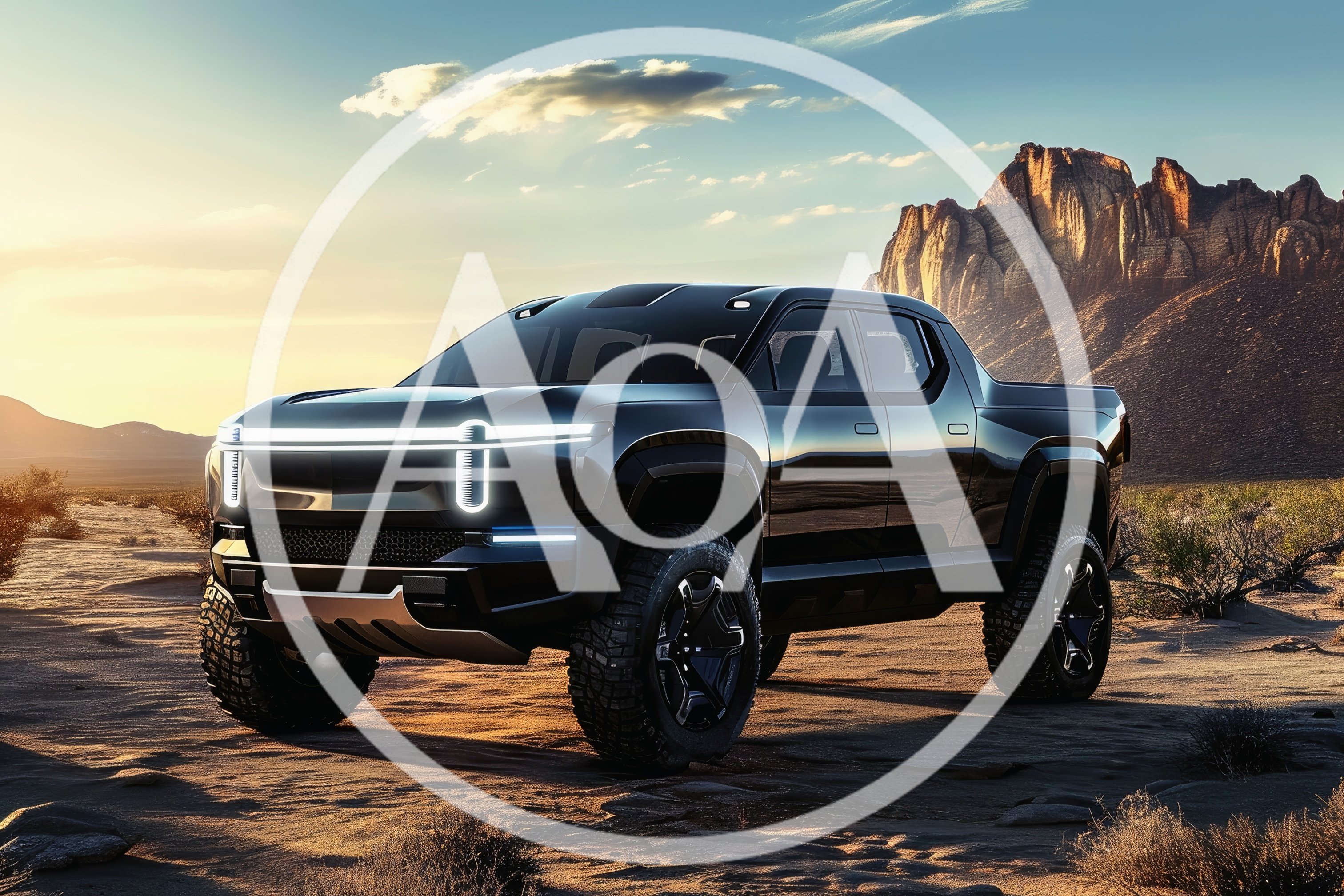 Black Electric Pickup Truck In Desert Landscape