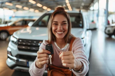 Happy Woman Holding Car Keys In Dealership