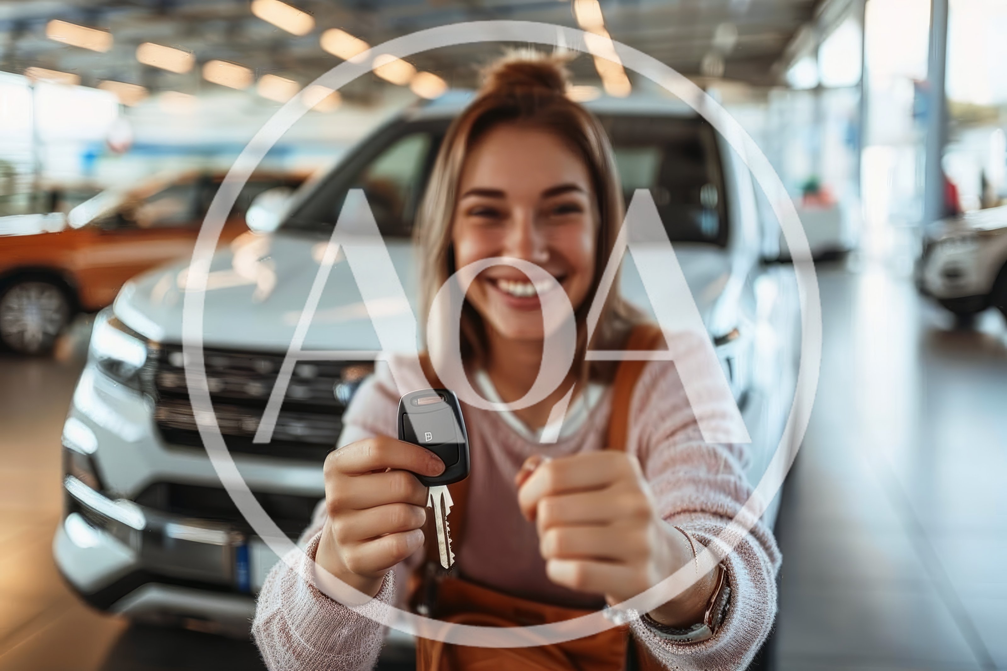 Happy Woman Holding Car Keys In Dealership
