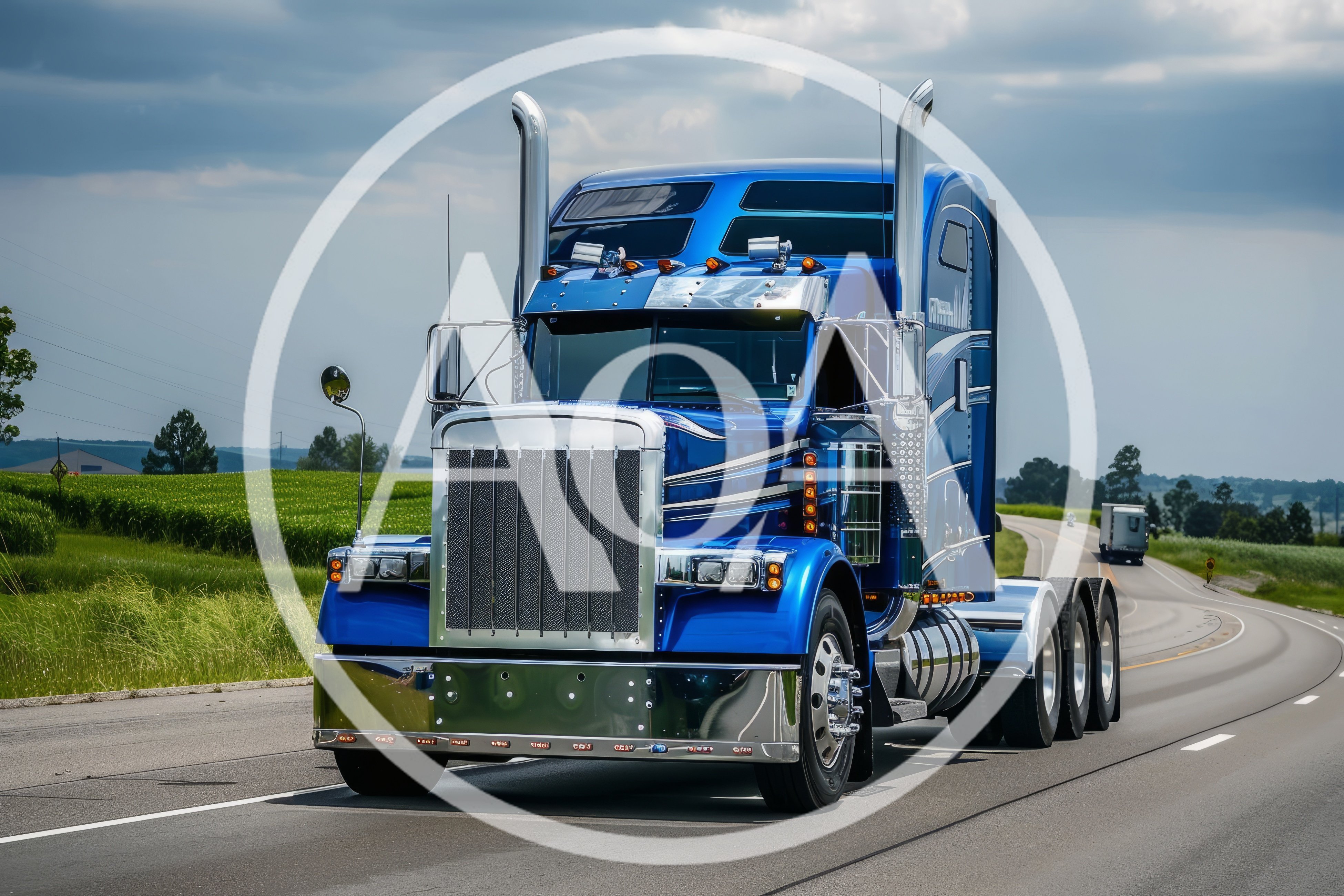 Blue Semi Truck Driving On Rural Highway
