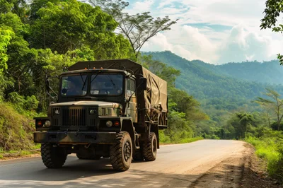 Military Cargo Truck Driving on a Mountain Road