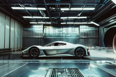 Futuristic Concept Supercar In Aerodynamic Wind Tunnel Testing