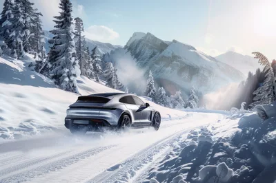 Silver Electric Sports Car Driving Through Snowy Mountains