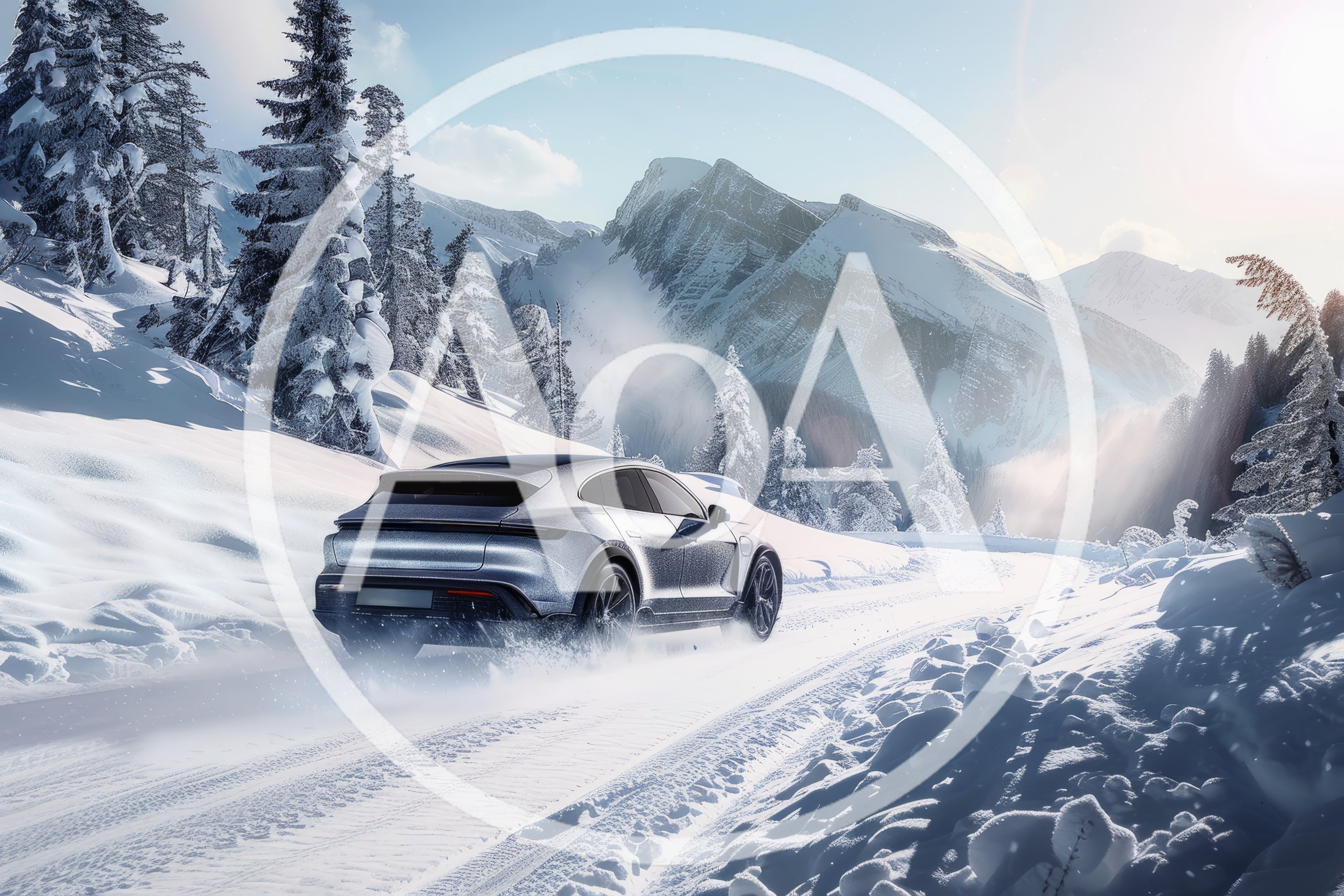 Silver Electric Sports Car Driving Through Snowy Mountains