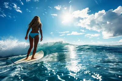 Young Woman Surfing On A Sunny Ocean Wave