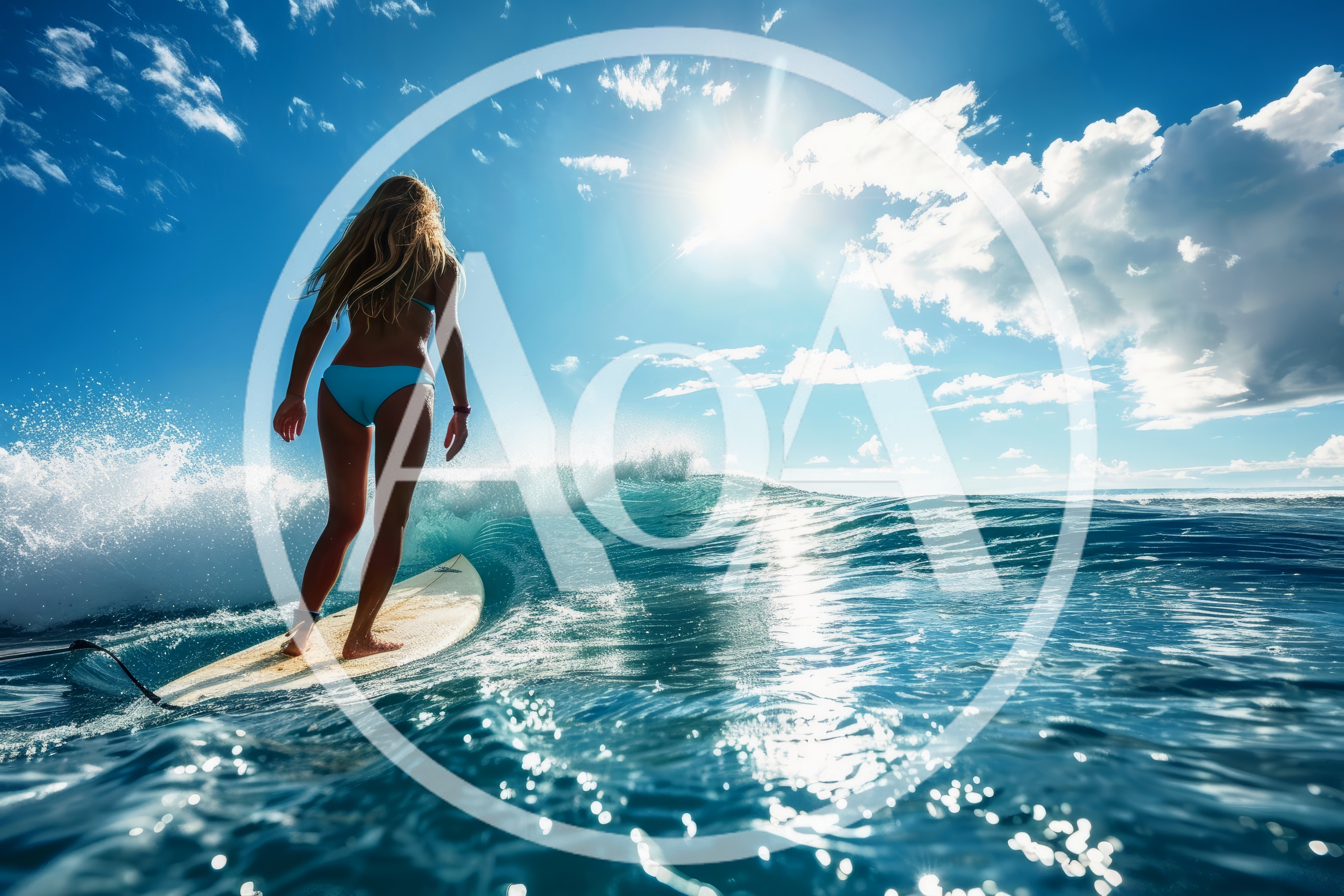 Young Woman Surfing On A Sunny Ocean Wave