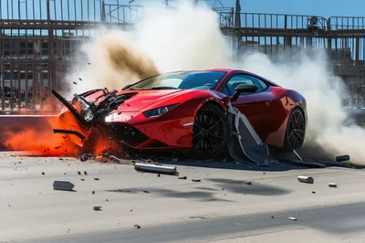 Red Sports Car Crashing Into Barrier