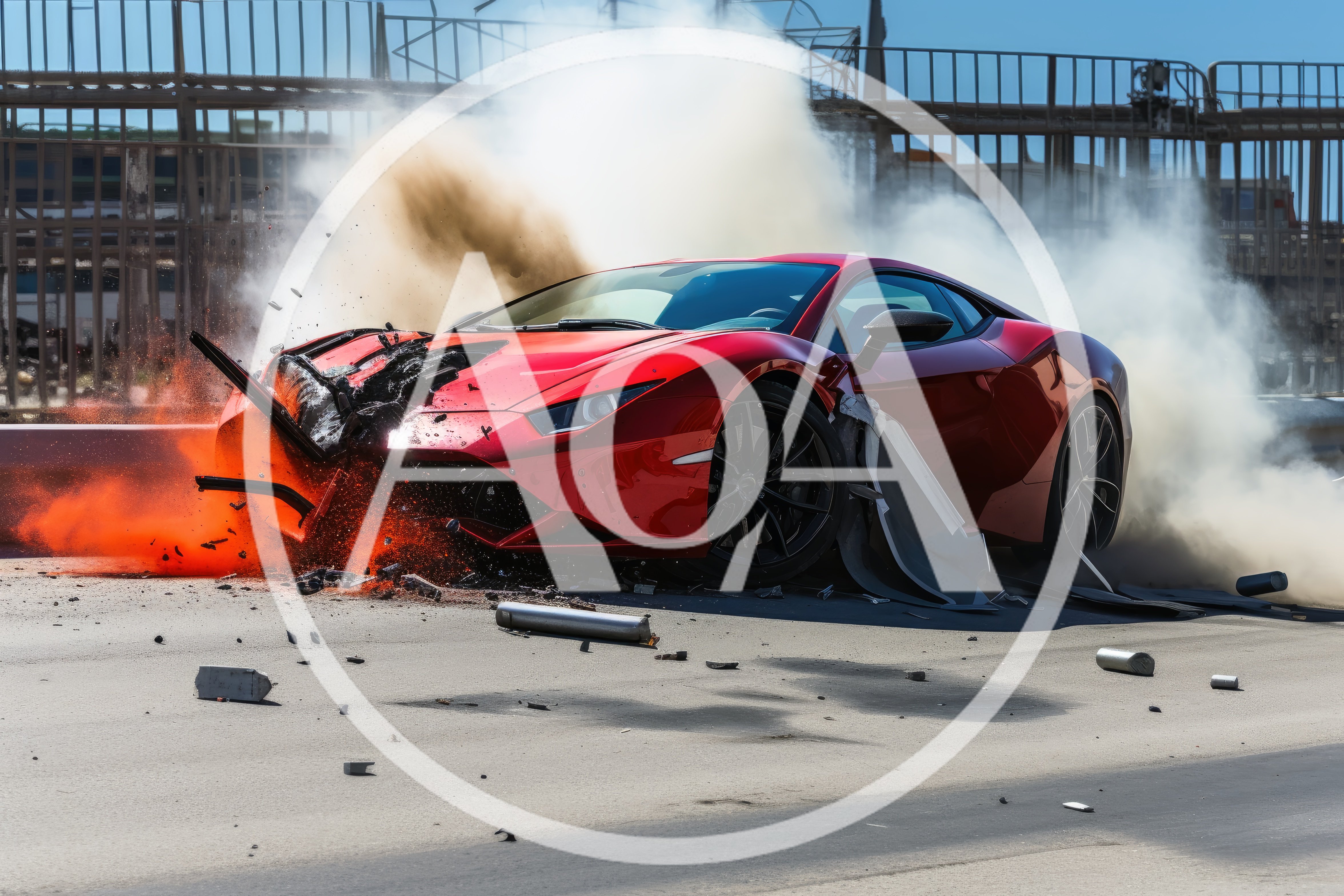 Red Sports Car Crashing Into Barrier