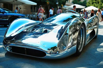 Chrome Concept Sports Car Parked On City Street