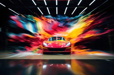 Red Sports Car With Abstract Colorful Motion Blur