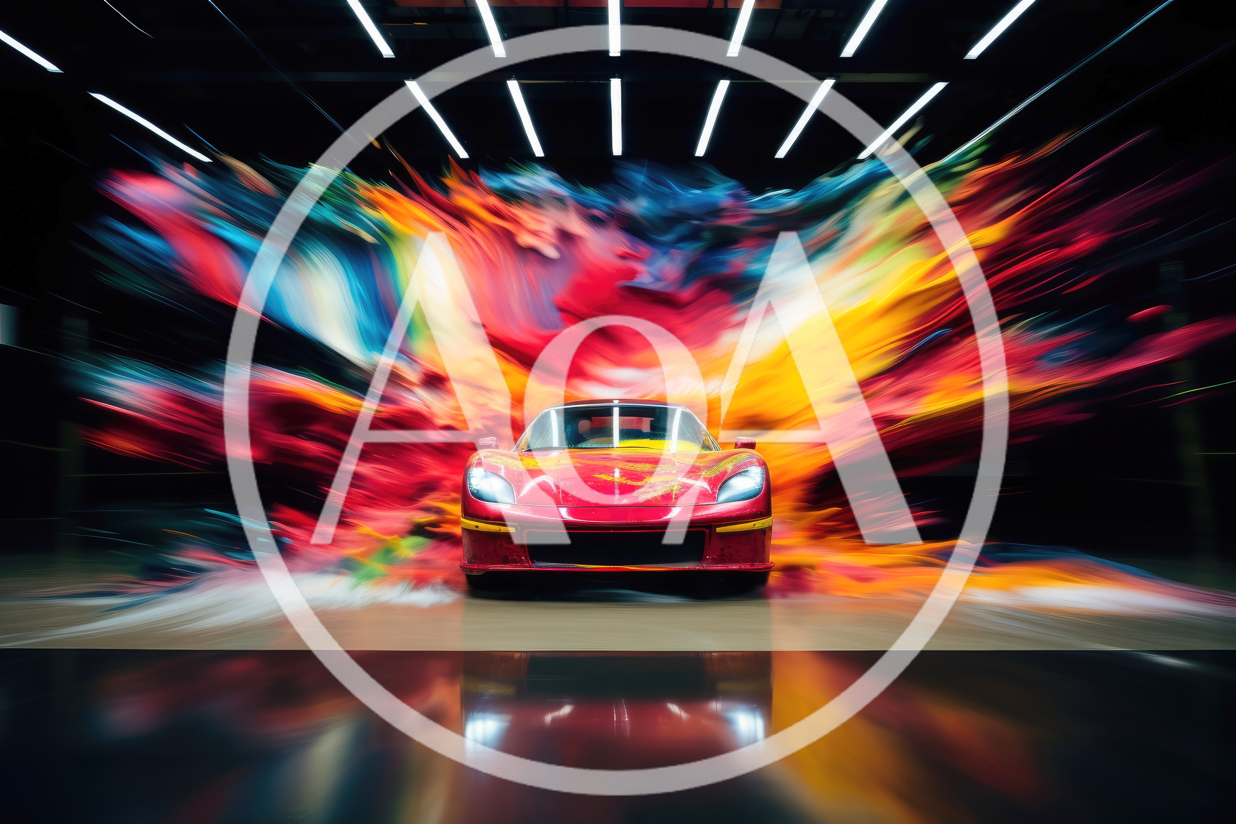 Red Sports Car With Abstract Colorful Motion Blur