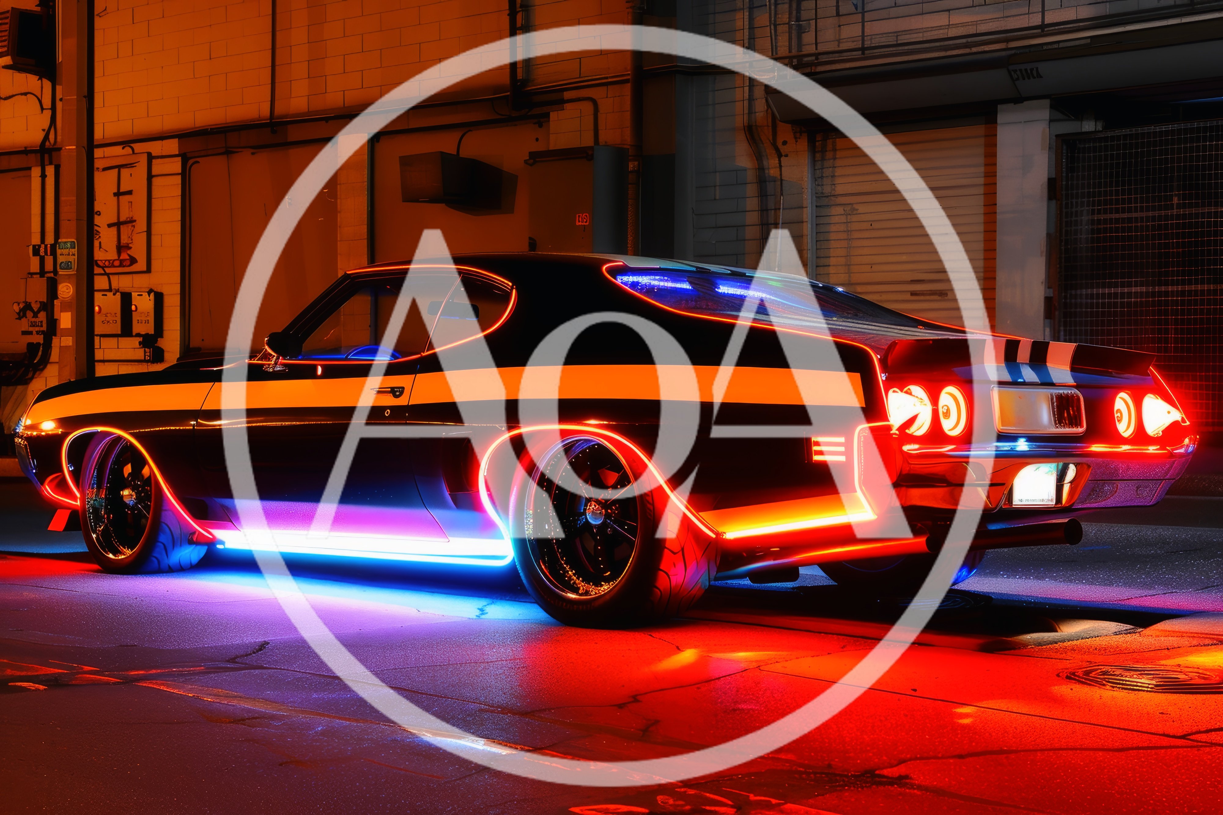 Custom Muscle Car With Neon Lighting At Night