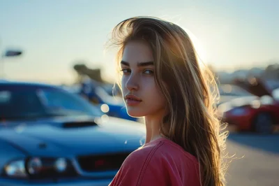 Young Woman Posing Outdoors Near Sports Cars