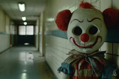 Creepy Clown Doll Standing In An Abandoned Hospital Hallway