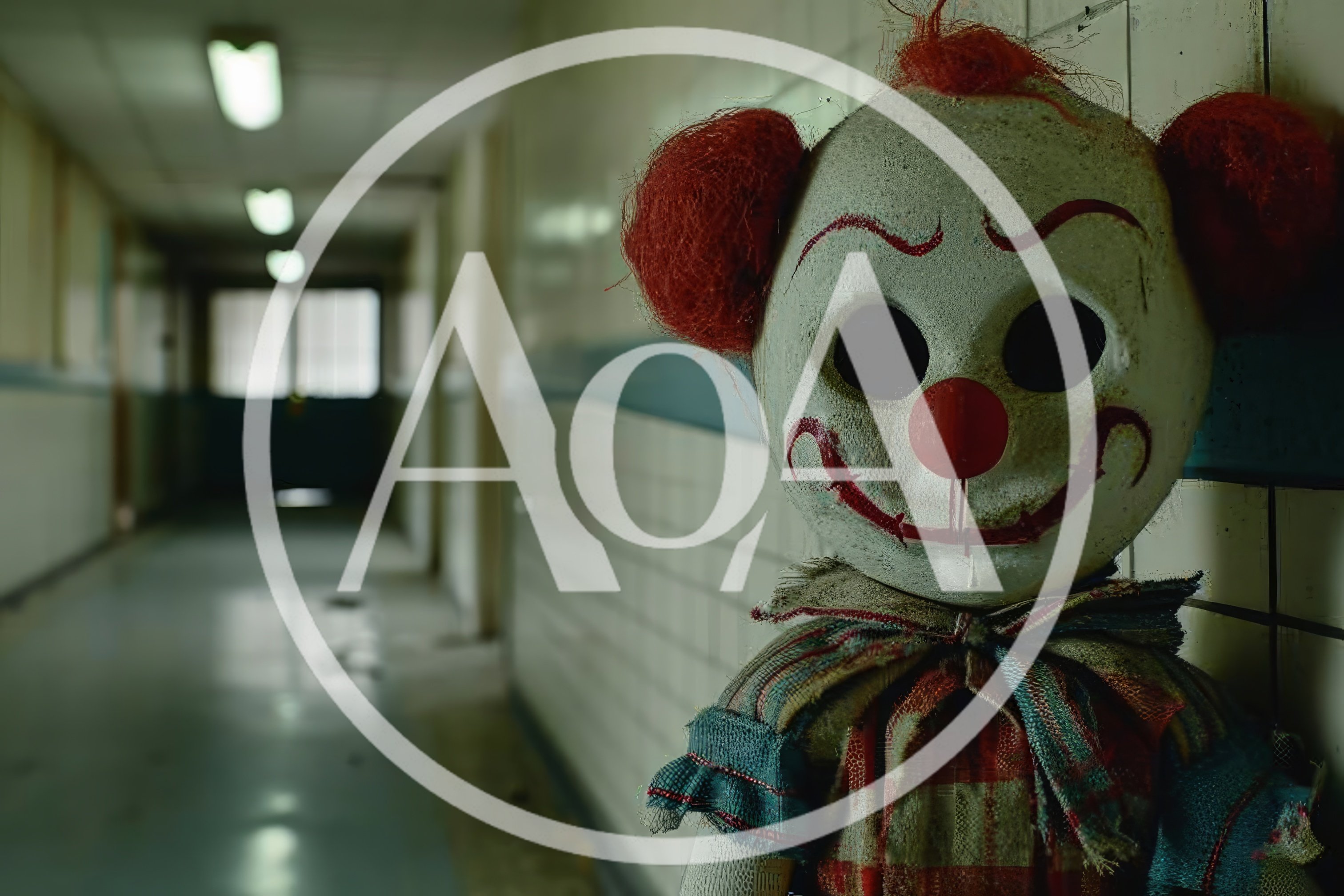 Creepy Clown Doll Standing In An Abandoned Hospital Hallway
