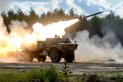 Military Rocket Launcher Vehicle Firing Missile