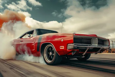 Red Muscle Car Performing A High Speed Burnout