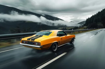 Yellow Classic Muscle Car Driving on Wet Mountain Road