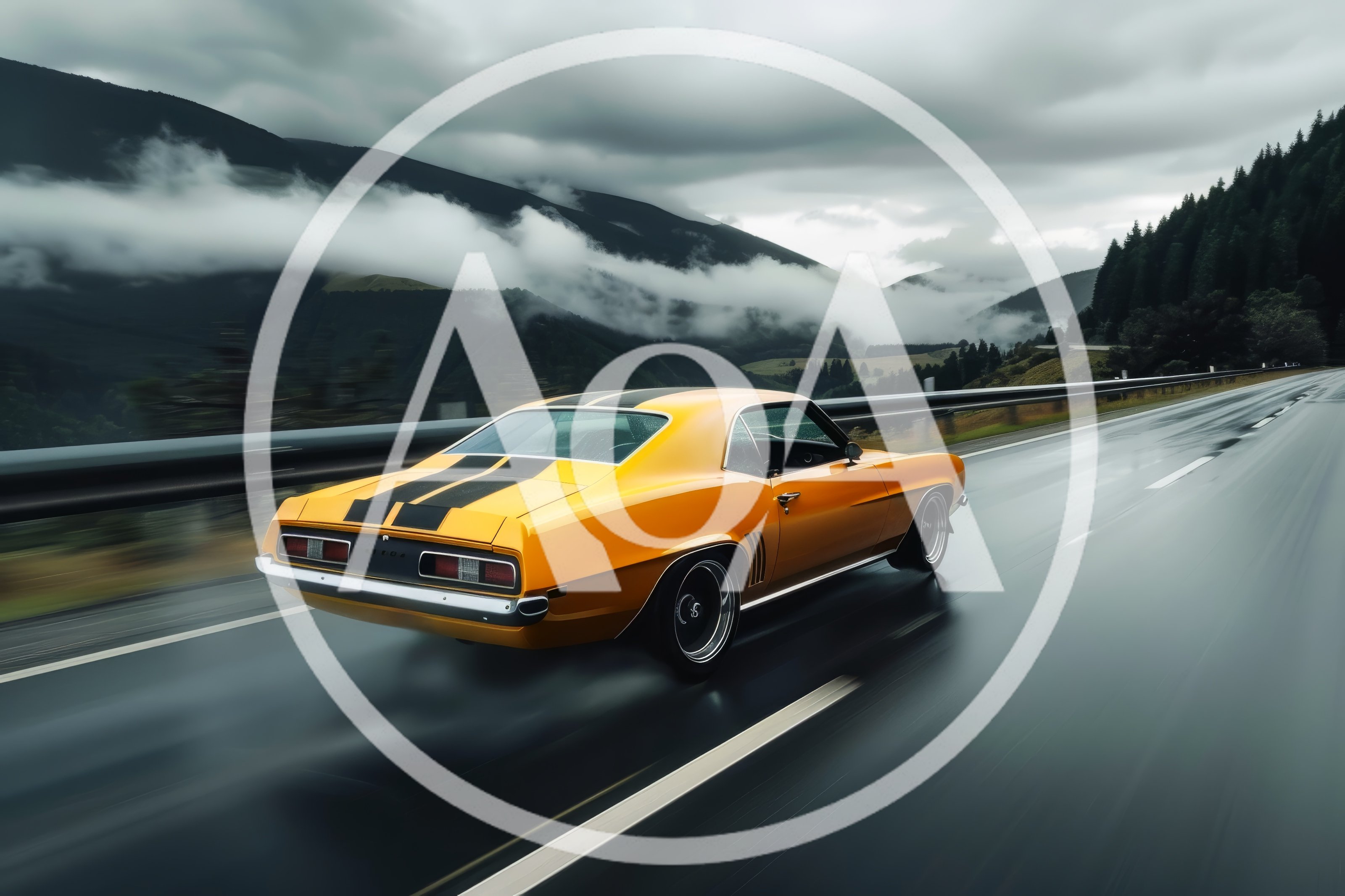 Yellow Classic Muscle Car Driving on Wet Mountain Road