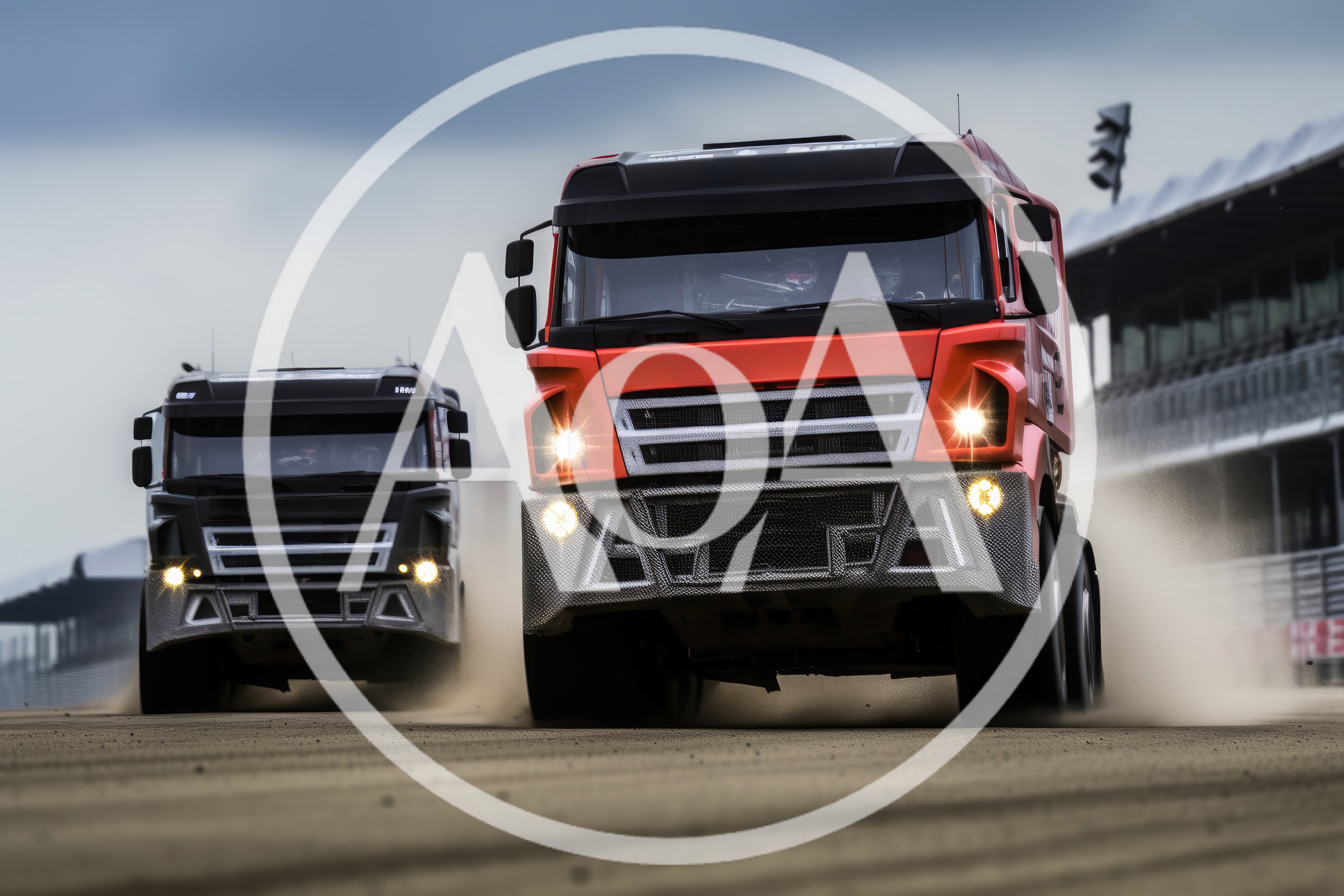 Two Racing Trucks Competing On A Dusty Track