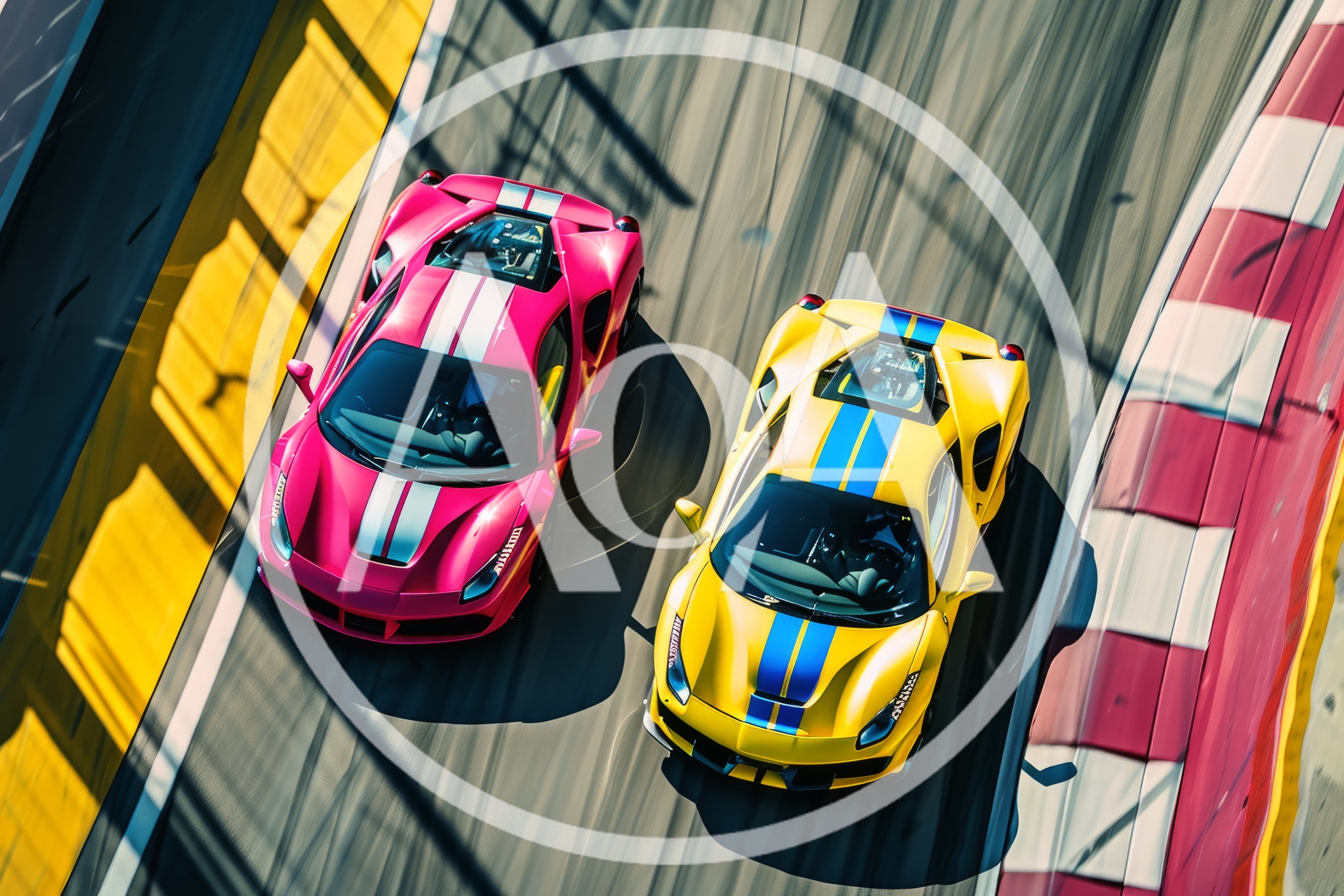 Pink and Yellow Supercars Racing on Track