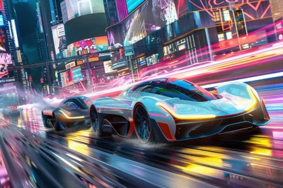 Futuristic Supercars Racing Through A Neon Cyberpunk City