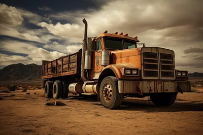 Rusty Orange Dump Truck Parked In Desert Landscape