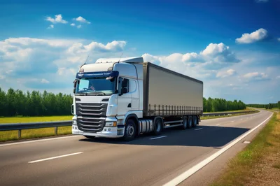 White Semi Truck Driving On A Sunny Highway