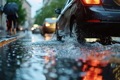 Car Driving Through Deep Puddle On Rainy City Street