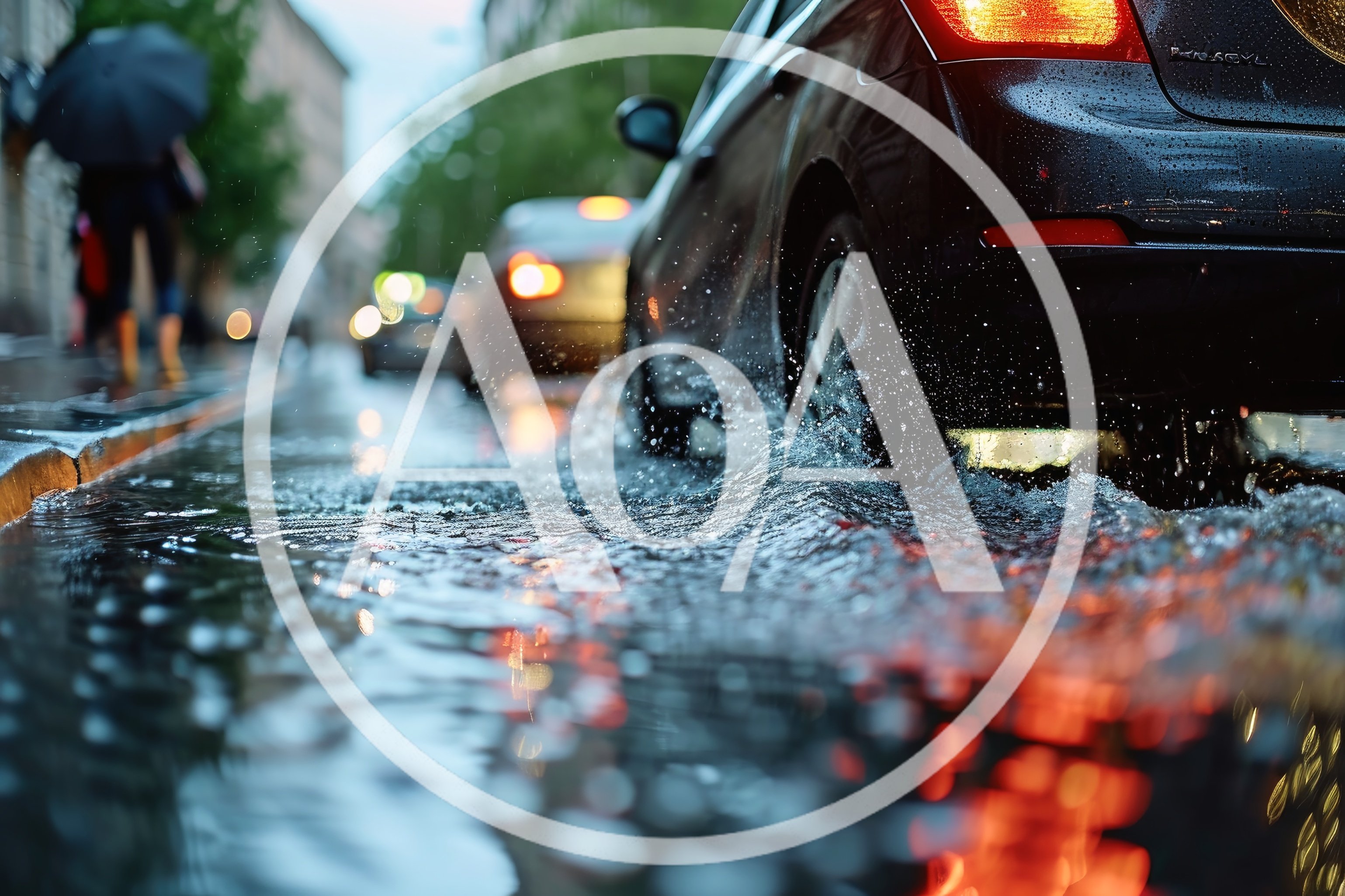 Car Driving Through Deep Puddle On Rainy City Street