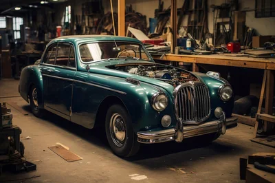 Vintage Teal Classic Car Under Restoration In Workshop