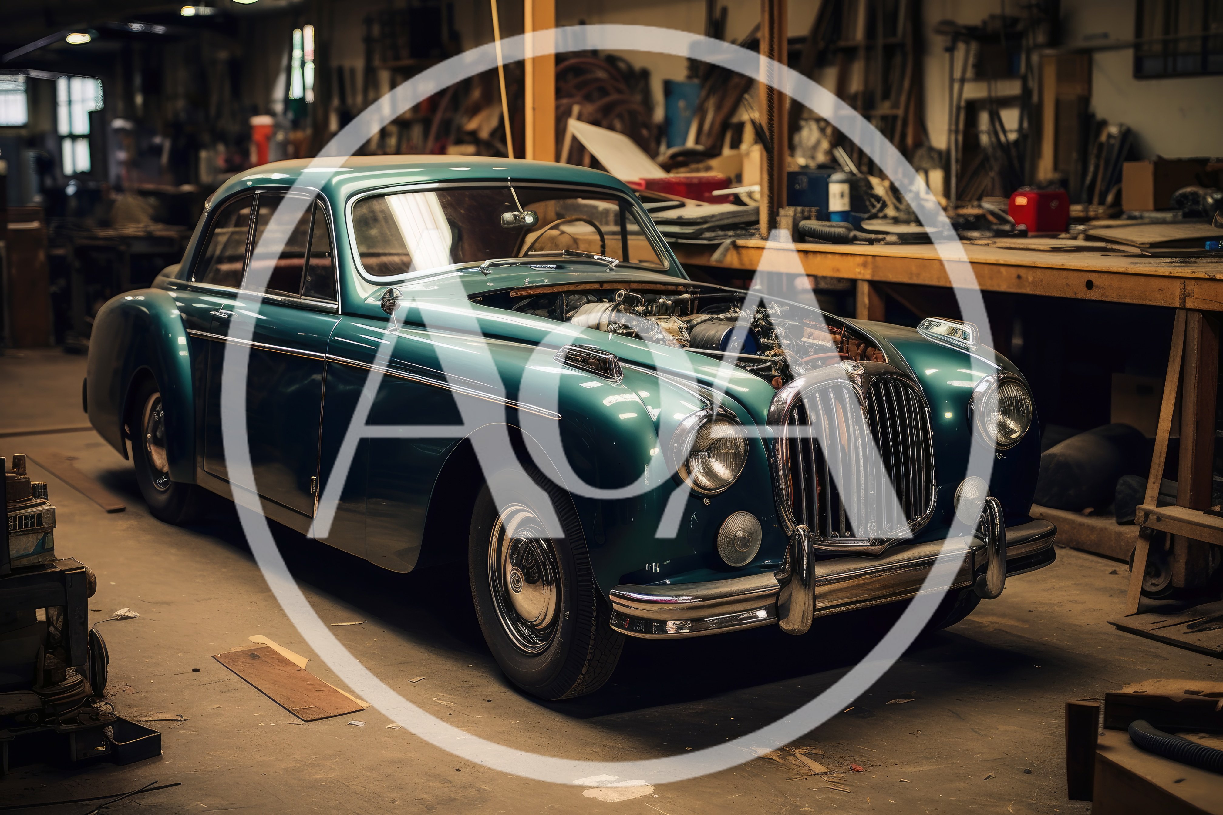 Vintage Teal Classic Car Under Restoration In Workshop
